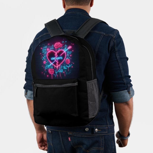 Valentine's Day Love Hurts Neon Heart Printed Backpack (Insitu (Model))