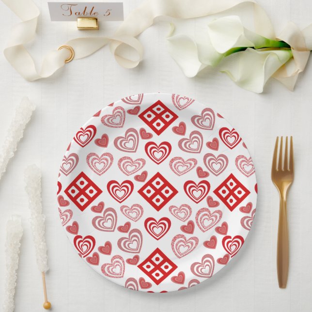 Valentine's Day Love Pink, Red and White Pattern Paper Plate (Wedding)