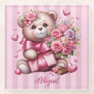 Valentines Day Love Rose Bear Glass Coaster
