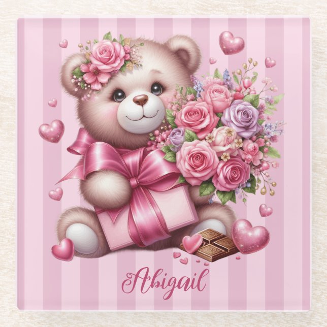 Valentines Day Love Rose Bear Glass Coaster (Front)