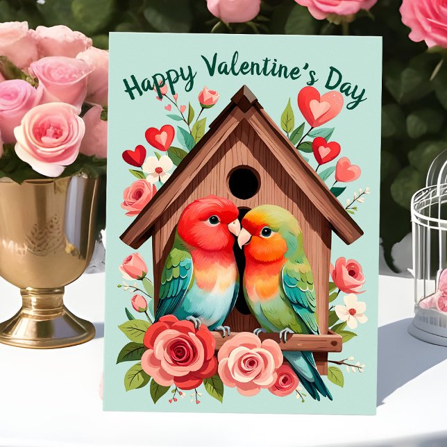 Valentine's Day Lovebirds Cute Parrot Couple Heart Holiday Card (Sweet lovebirds birdhouse valentine card for owner of pet love birds)