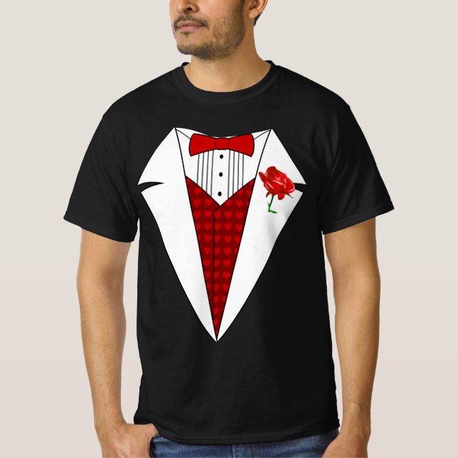 Valentine's Day Lover Tuxedo T-Shirt with Red Rose (Front)