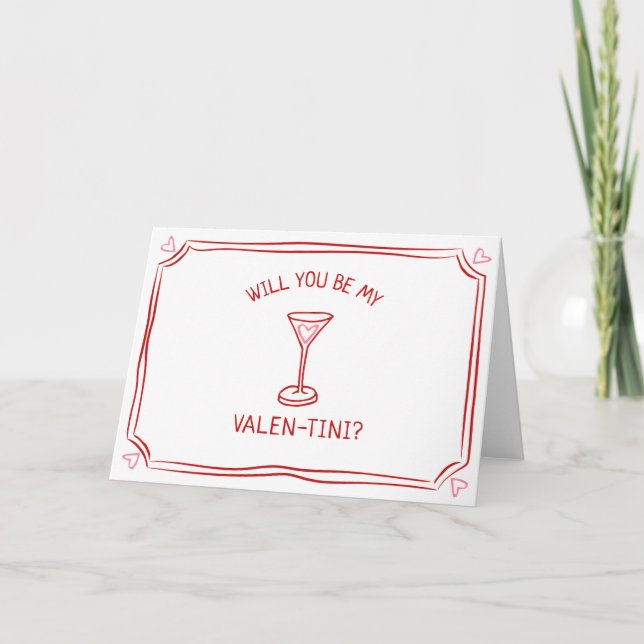 Valentine's Day Martini Whimsical Red and Pink  Card (Front)
