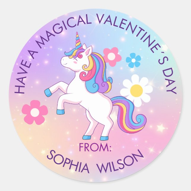 Valentine's Day Modern Gift with Cute Unicorn Classic Round Sticker (Front)
