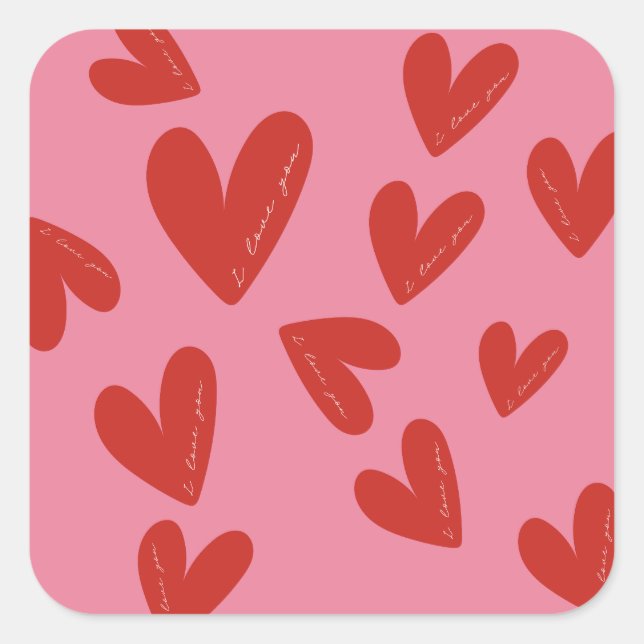 Valentine's Day Modern Red & Pink Hearts Script Square Sticker (Front)