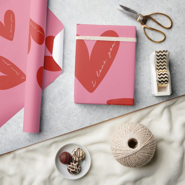 Valentine's Day Modern Red & Pink Hearts Script Wrapping Paper (Crafts)