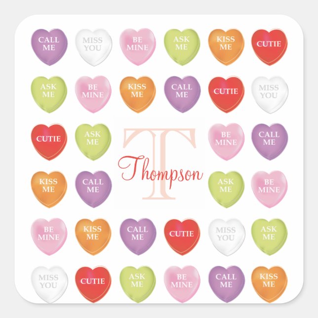 Valentine's Day Monogram Cute Heart Candy Throw Pi Square Sticker (Front)