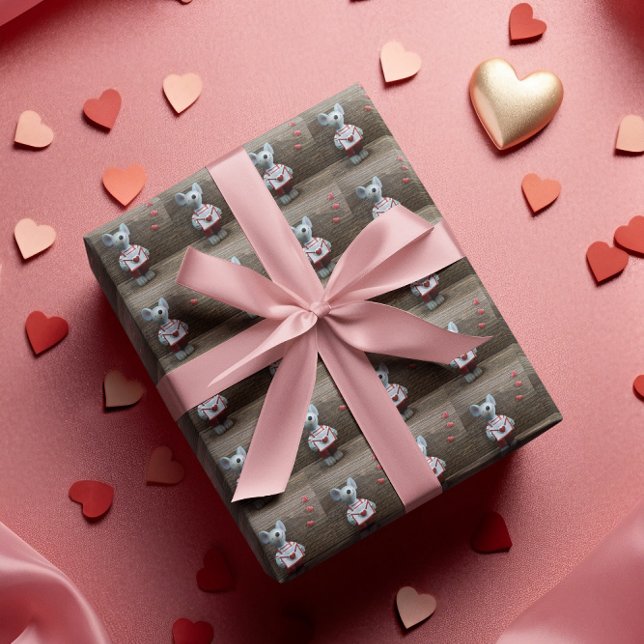 Valentine's Day Mouse Red Hearts Rustic Wood Wrapping Paper (Valentine's Day Mouse Red Hearts Rustic Wood Wrapping Paper)