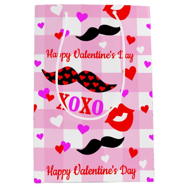 Valentine's Day Moustaches Love and Kisses Medium Gift Bag (Front)