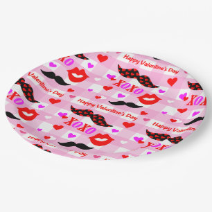 Valentine's Day Moustaches Love and Kisses Paper Plate