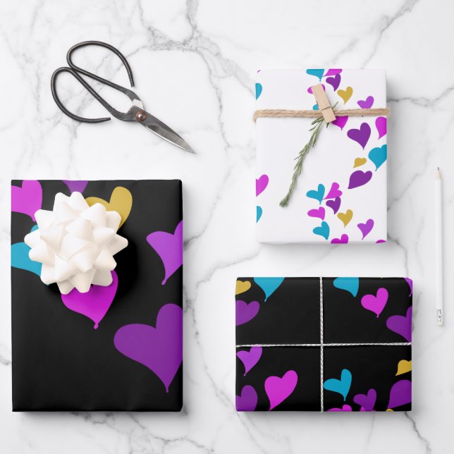 Valentines Day Neon Hearts Pattern Wrapping Paper Sheet (Front)