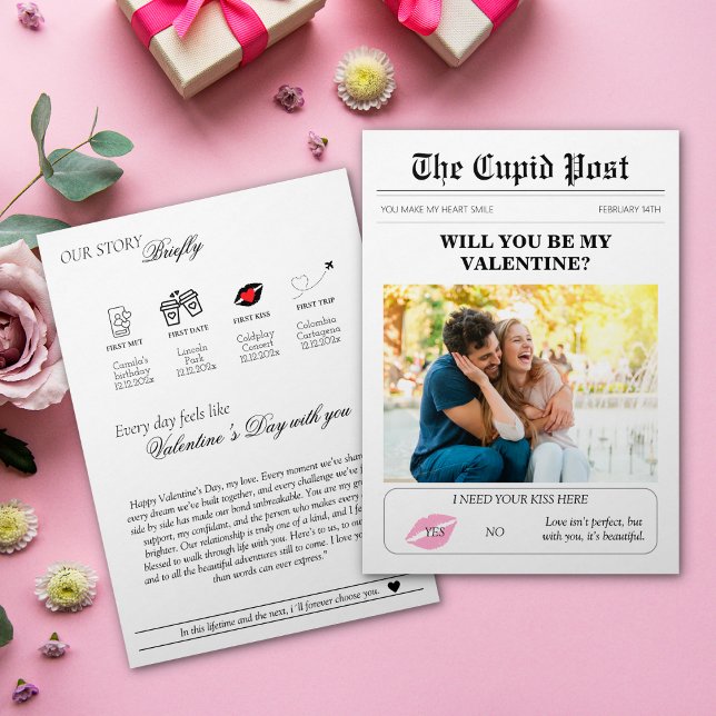 Valentines Day Newspaper Our Love Story Pink Lips Invitation (Valentines Day Newspaper Our Love Story Pink Lips Invitation)