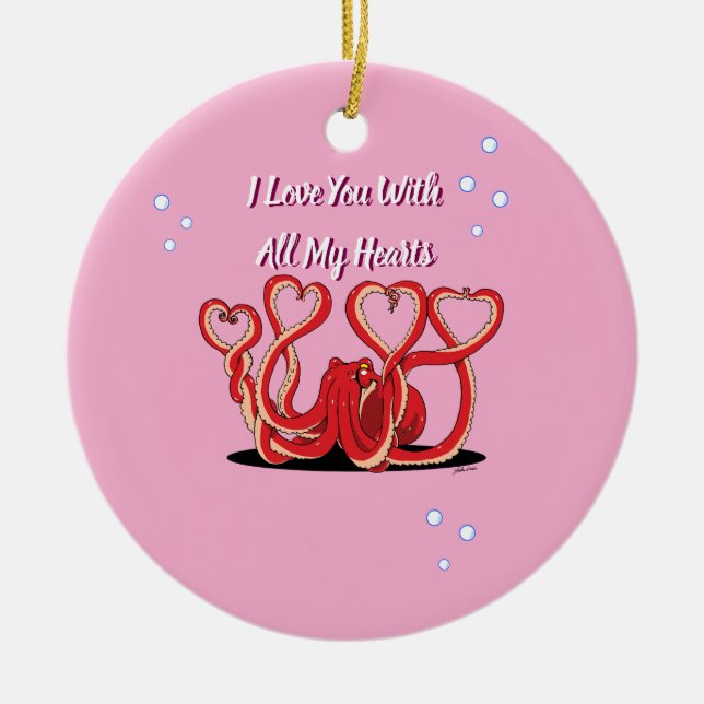 Valentine's Day Octopus Hearts Ceramic Tree Decoration (Front)