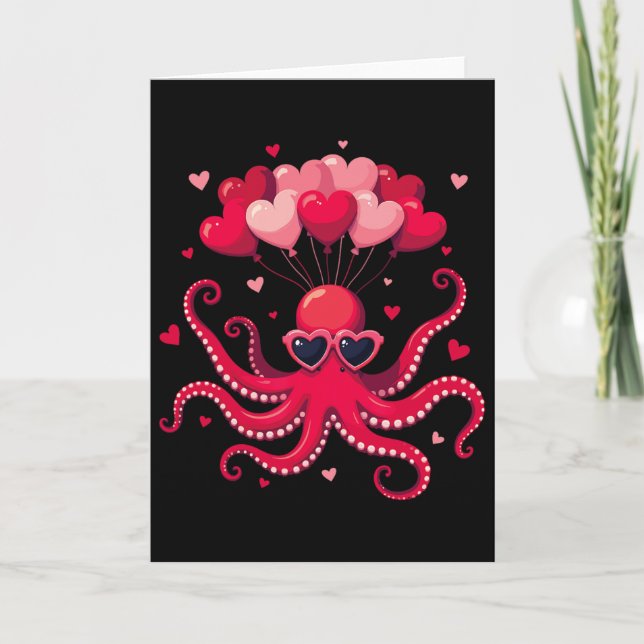 Valentines Day Octopus With Heart Lloons Octopus V Card (Front)