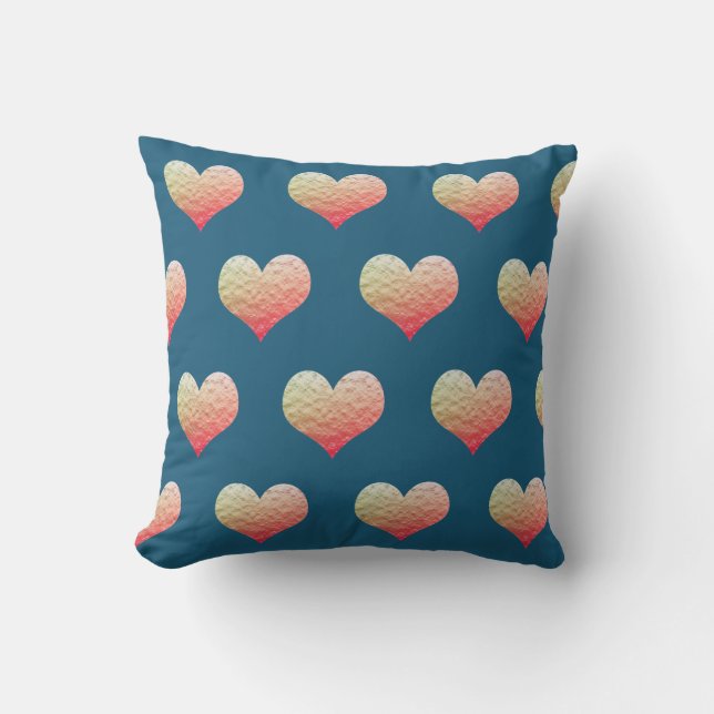 Valentines Day Ombre Gold Heart Pattern Ocean Blue Cushion (Front)