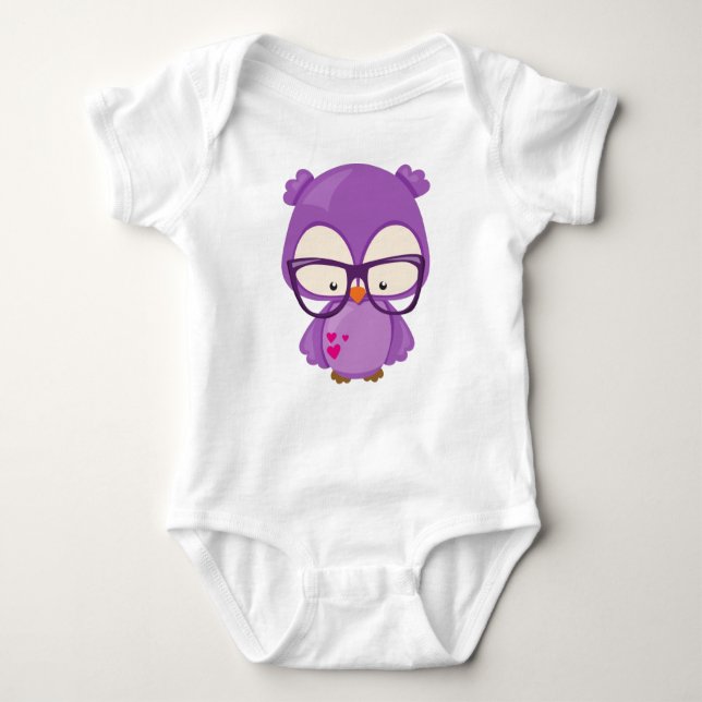 Valentine's Day Owl, Purple Owl, Glasses, Hearts Baby Bodysuit (Front)