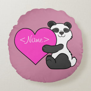 Valentine's Day Panda Bear with Pink Heart Round Cushion