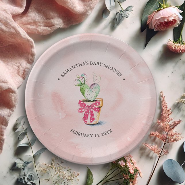 Valentines Day Paper Plates Potted Cactus (Valentines party decor watercolor cactus art by Victoria Grigaliunas Do Tell A Belle)