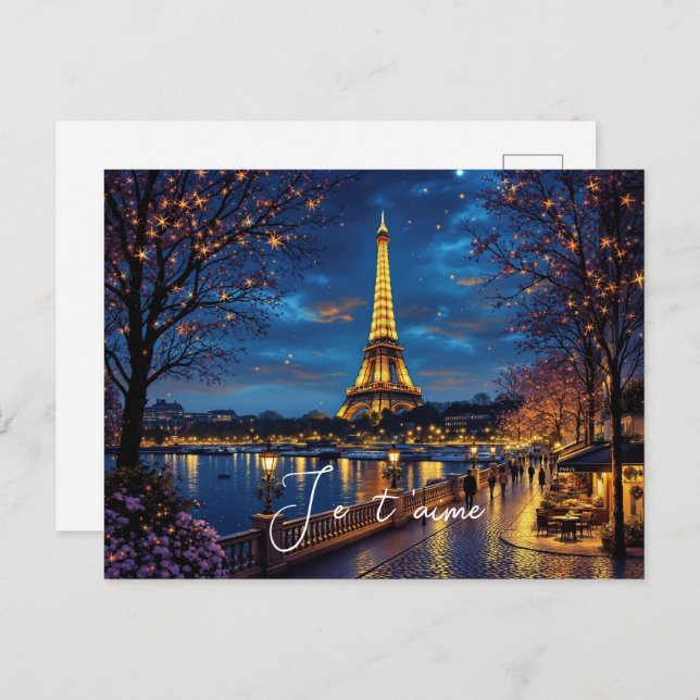 Valentine's Day  Paris at Night with Eiffel Tower- Holiday Postcard (Front/Back)