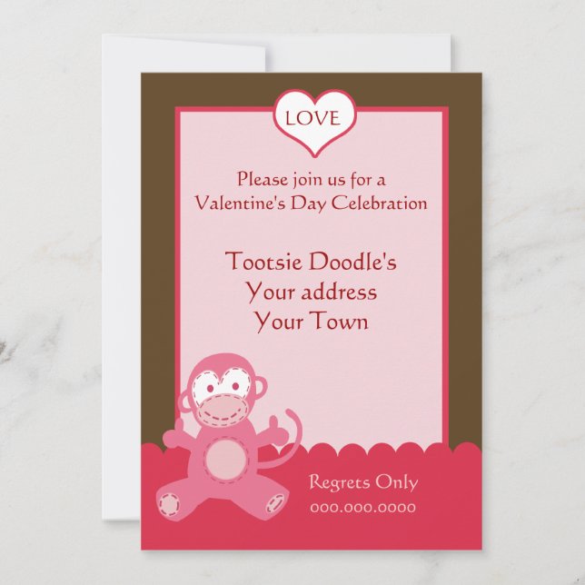 Valentines Day Party Invitation Pink Monkey Heart (Front)
