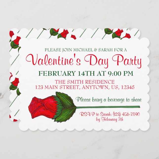Valentine's Day Party Red Long Stemmed Rose Love Invitation (Front/Back)