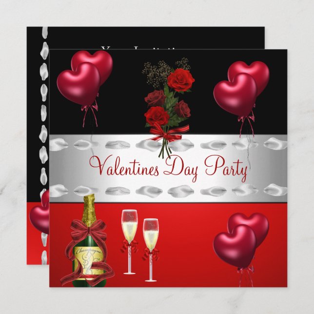 Valentines Day Party  Red Roses Balloons Invitation (Front/Back)