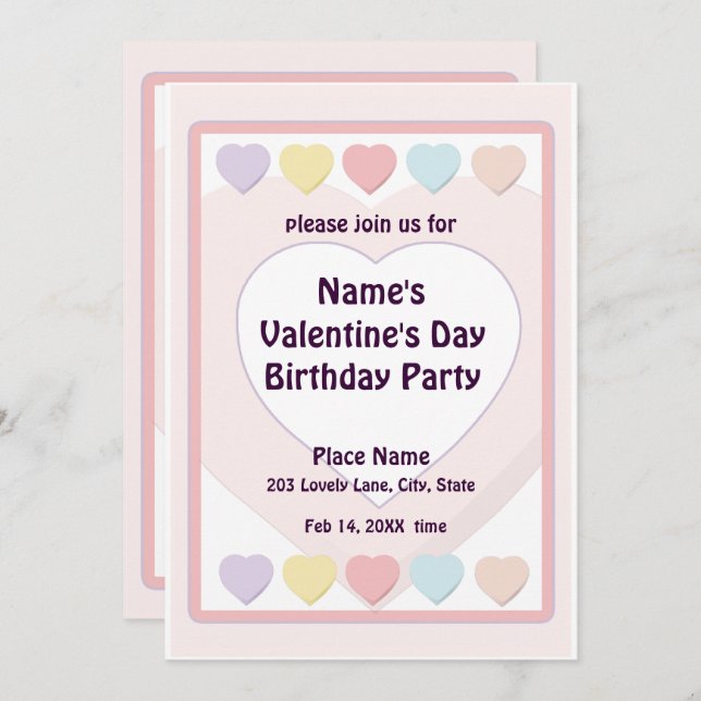 Valentine's Day Pastel Birthday Party N Invitation (Front/Back)