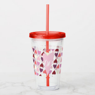 Valentines Day Patterened Hearts Monogram Acrylic Tumbler