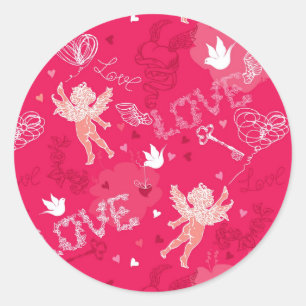 Valentine's Day Pattern With Cupid Classic Round Sticker