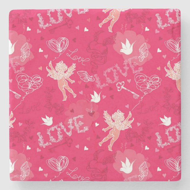 Valentine's Day  Pattern With Cupid Stone Coaster (Front)