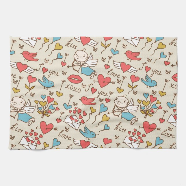 Valentine's Day Pattern with Cupid Tea Towel (Horizontal)