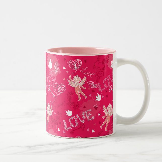 Valentine's Day  Pattern With Cupid Two-Tone Coffee Mug (Right)