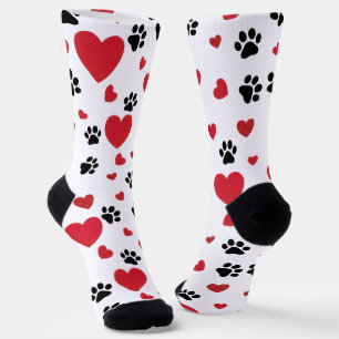 Valentine's Day Paw Prints and Red Hearts Pattern  Socks