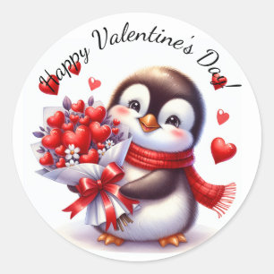 Valentine's Day Penguin Cute Red Hearts Classic Round Sticker