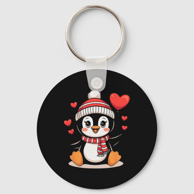 Valentine's Day Penguin Heart Balloon Cute  Key Ring (Front)