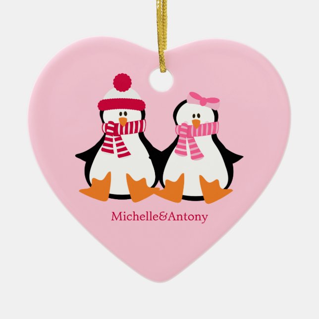 Valentines Day Penguins Ceramic Tree Decoration (Front)