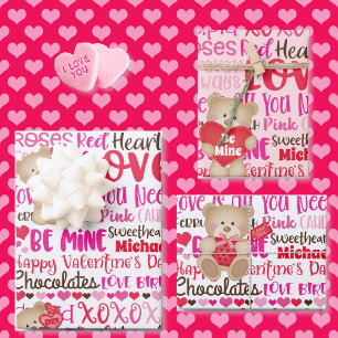 Valentine's Day Personalise Name Teddy Bear Hearts Wrapping Paper Sheet