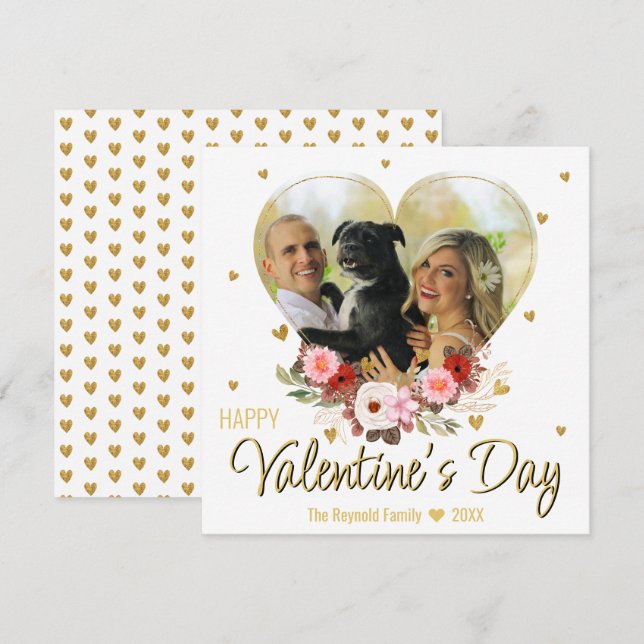 Valentine's Day Photo Heart Gold Glitter Hearts Holiday Card (Front/Back)