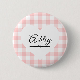 Valentine's Day Pink Gingham Heart Custom Name 6 Cm Round Badge