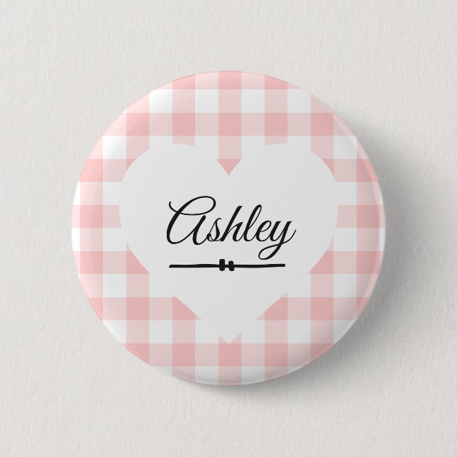 Valentine's Day Pink Gingham Heart Custom Name 6 Cm Round Badge (Front)
