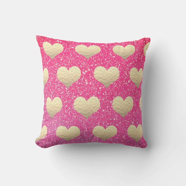 Valentine's Day Pink Glitter Golden Hearts Pattern Cushion (Front)