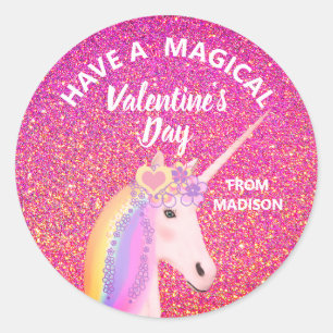 Valentine's Day Pink Glitter Unicorn Personalised Classic Round Sticker