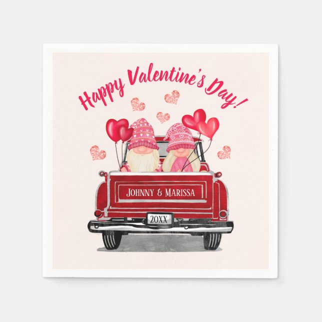 Valentine's Day Pink Gnome Vintage Red Truck Napkin (Front)