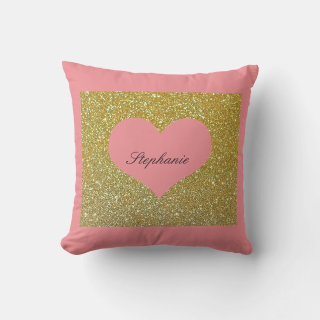 Valentine's Day Pink Gold Glitter Monogram Heart Cushion (Front)