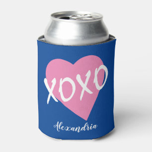 Valentine's Day Pink Heart Kisses Hugs XOXO Blue Can Cooler