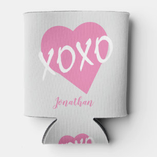 Valentine's Day Pink Heart Kisses Hugs XOXO Grey Can Cooler