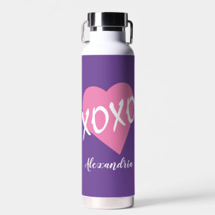 Valentine's Day Pink Heart Kisses Hugs XOXO Purple Water Bottle