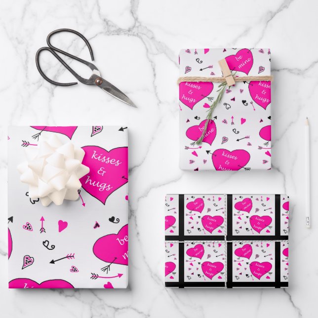 Valentines Day Pink Hearts Hugs n Kisses Wrapping Paper Sheet (Front)