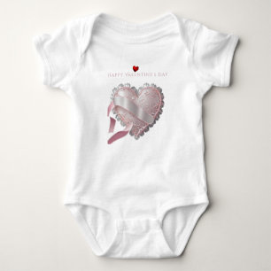 Valentine's Day Pink Lace Heart Satin Ribbon Baby Bodysuit