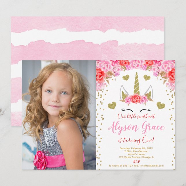 Valentines day pink red gold unicorn girl photo invitation (Front/Back)